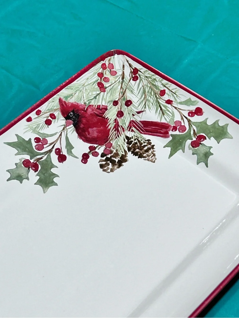 North Pole Trading Co Holly Berry Cardinal Ceramic Serving Platter Tray 14x8 NEW